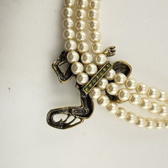 Heidi Daus Necklace Frog Toad Green Kissing Frog Pearl Crystal Triple Strand - Picture 10 of 15